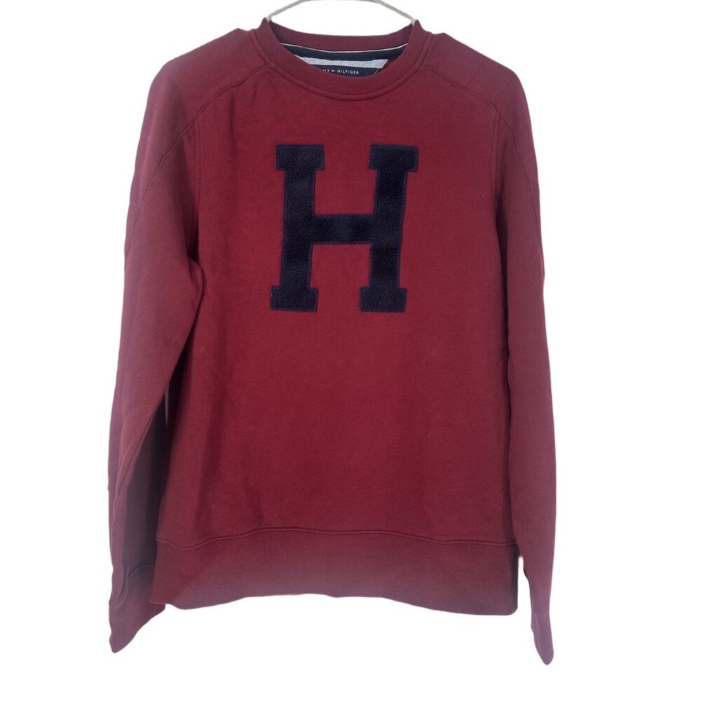 🎓 Tommy Hilfiger Big H Collegiate Crew Neck Sweater Burgundy S 🎓 - Picture 2 of 8